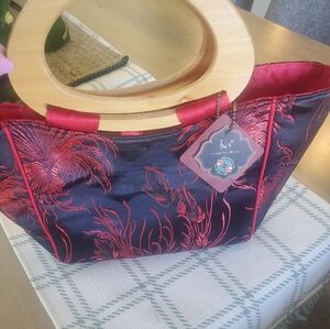 NWT Satin Handbag, Wooden Handle - zippered closure